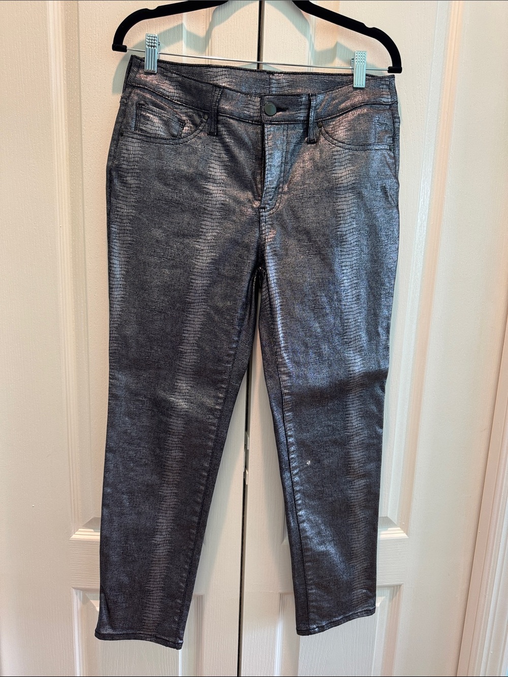 Chico's Metallic Charcoal coated Straight Leg Jeans